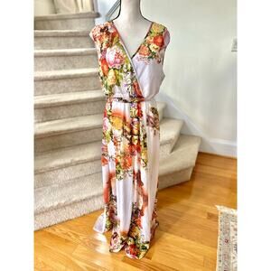 Alberto Makali White Yellow Red Floral Wrap Top Open Back Maxi Dress